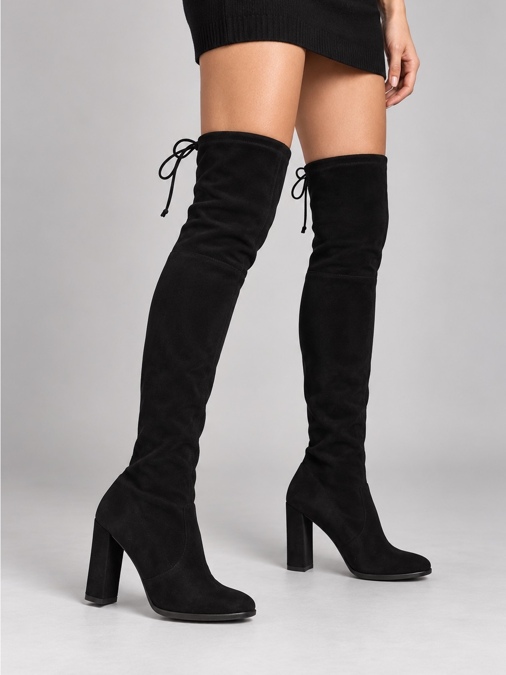 Stuart Weitzman 8 Highland Black Over-the-Knee Boots Soft Microsuede with ties